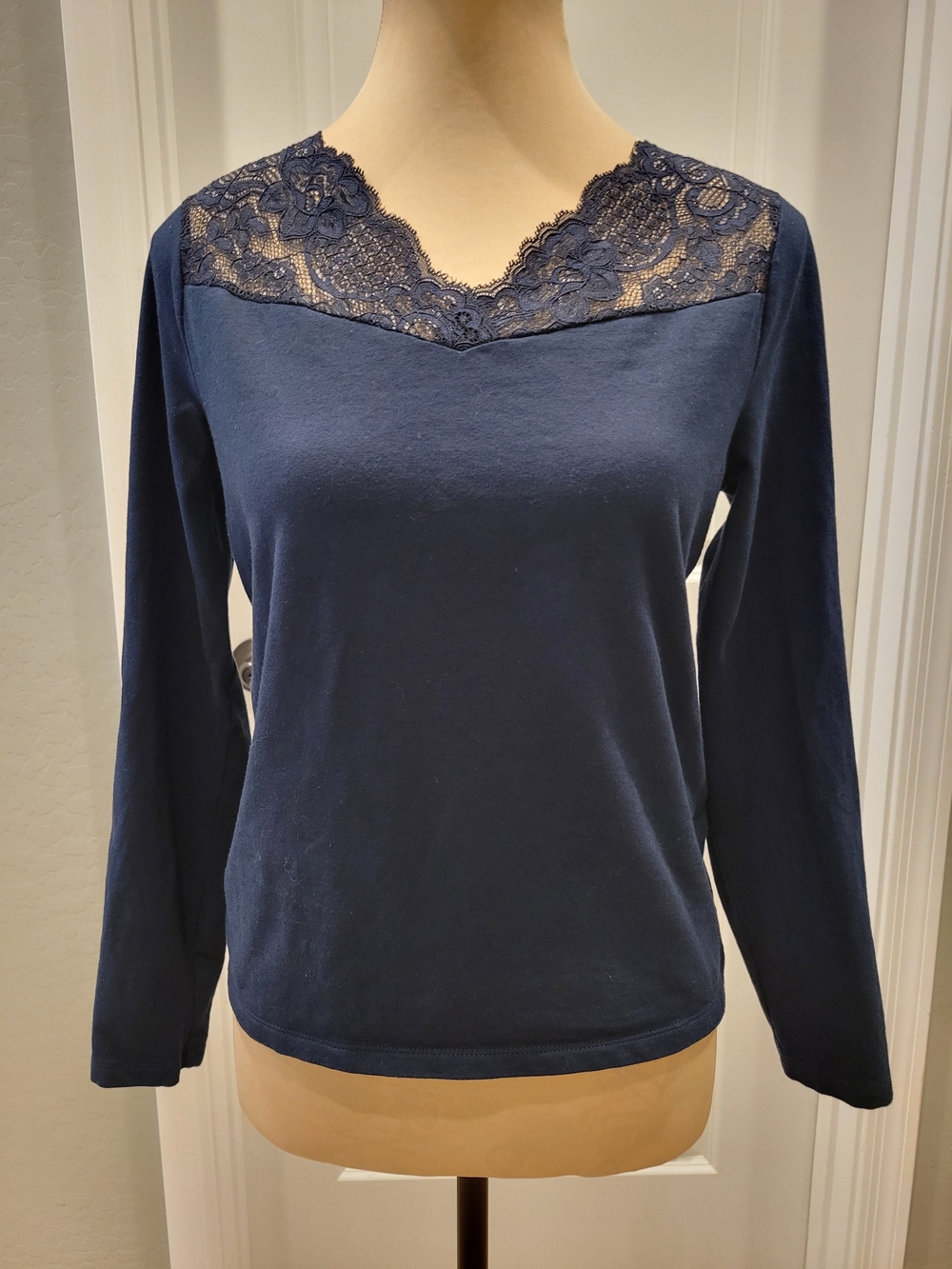 Chaps Navy Long Sleeve Top with Lace Yoke